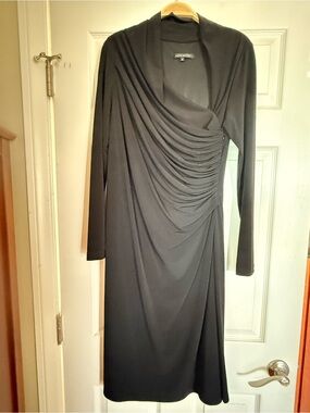 David Meister Size 12Black Draped Long-Sleeve Ruched Dress